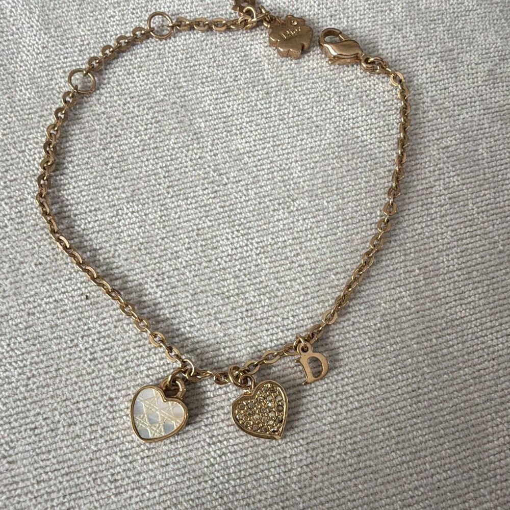 Authentic Christian Dior Secret Cannage Heart Rhinestone Charm Bracelet Gold